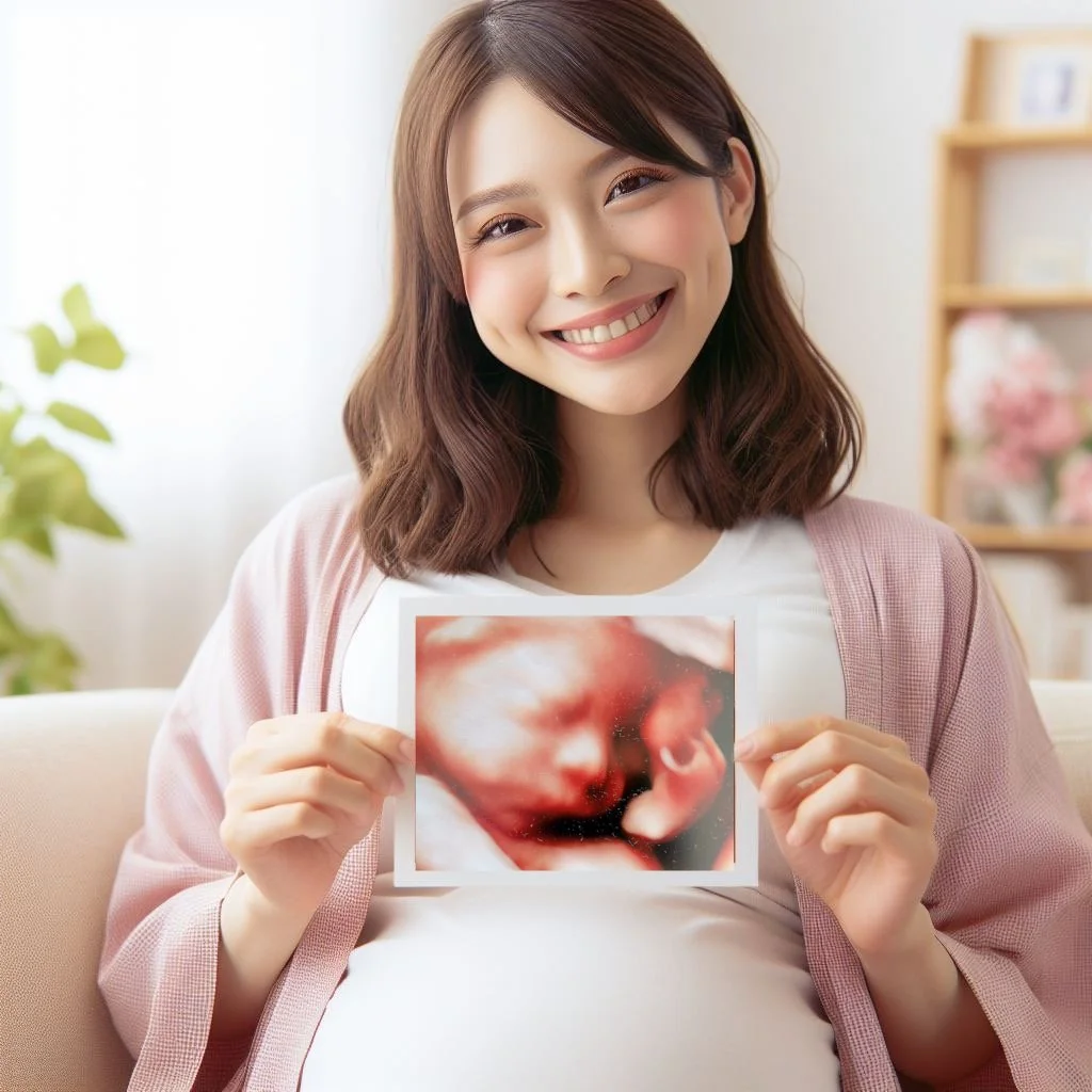 4Dエコーで赤ちゃんの写真を見る妊婦さん